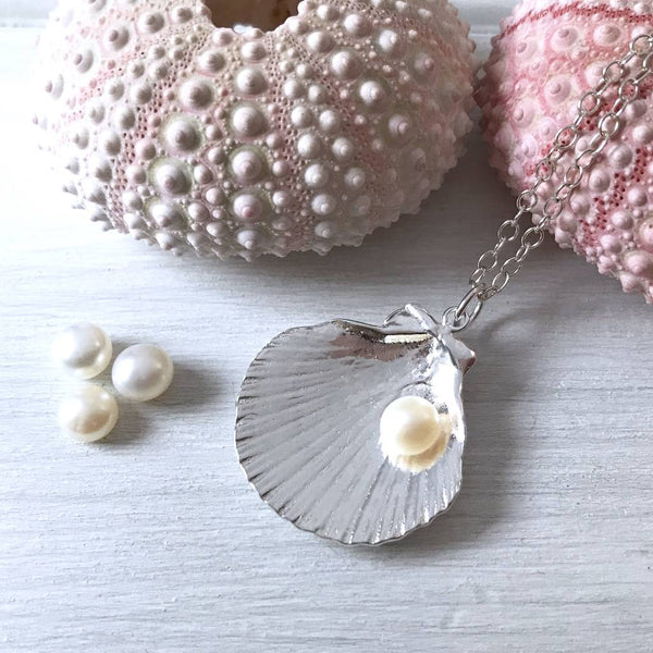 Large Silver Clam Shell Pendant with white freshwater pearls, Kate Wimbush Jewellery