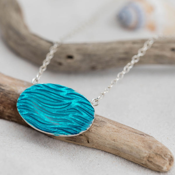 Large Silver Oval Ripple Textured Necklace Blue Resin Kate Wimbush Jewellery