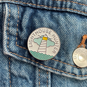 Lighthouse Hunter Enamel Pin Badge on denim jacket Kate Wimbush