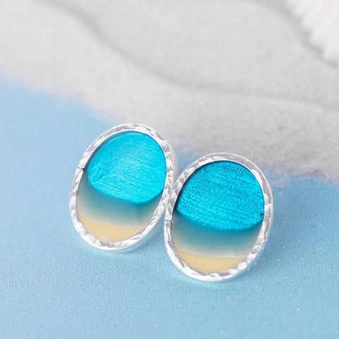 Medium Lagoon Blue Resin Beach Studs with textured silver bezel and butterfly backs, by Kate Wimbush Jewellery