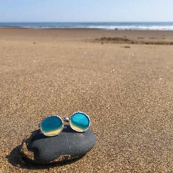 Silver Oval Lagoon Beach Scene t-bar cufflinks on Scarborough beach by Kate Wimbush Jewellery