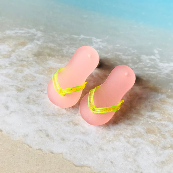 Pink and Yellow Flip Flop Stud Earrings with butterfly backs by Kate Wimbush Jewellery