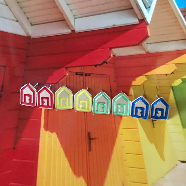 Silver Rainbow Beach Hut Studs on Rainbow Beach Huts in Scarborough, Kate Wimbush Jewellery