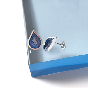 Silver Hand stamped studs with blue resin and butterfly backs by Kate Wimbush Jewellery