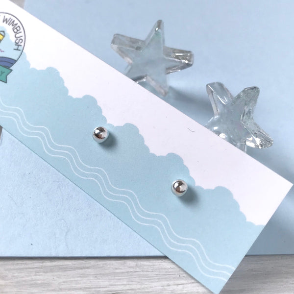 Recycled silver ball stud earrings with butterfly backs on earring card by Kate Wimbush Jewellery