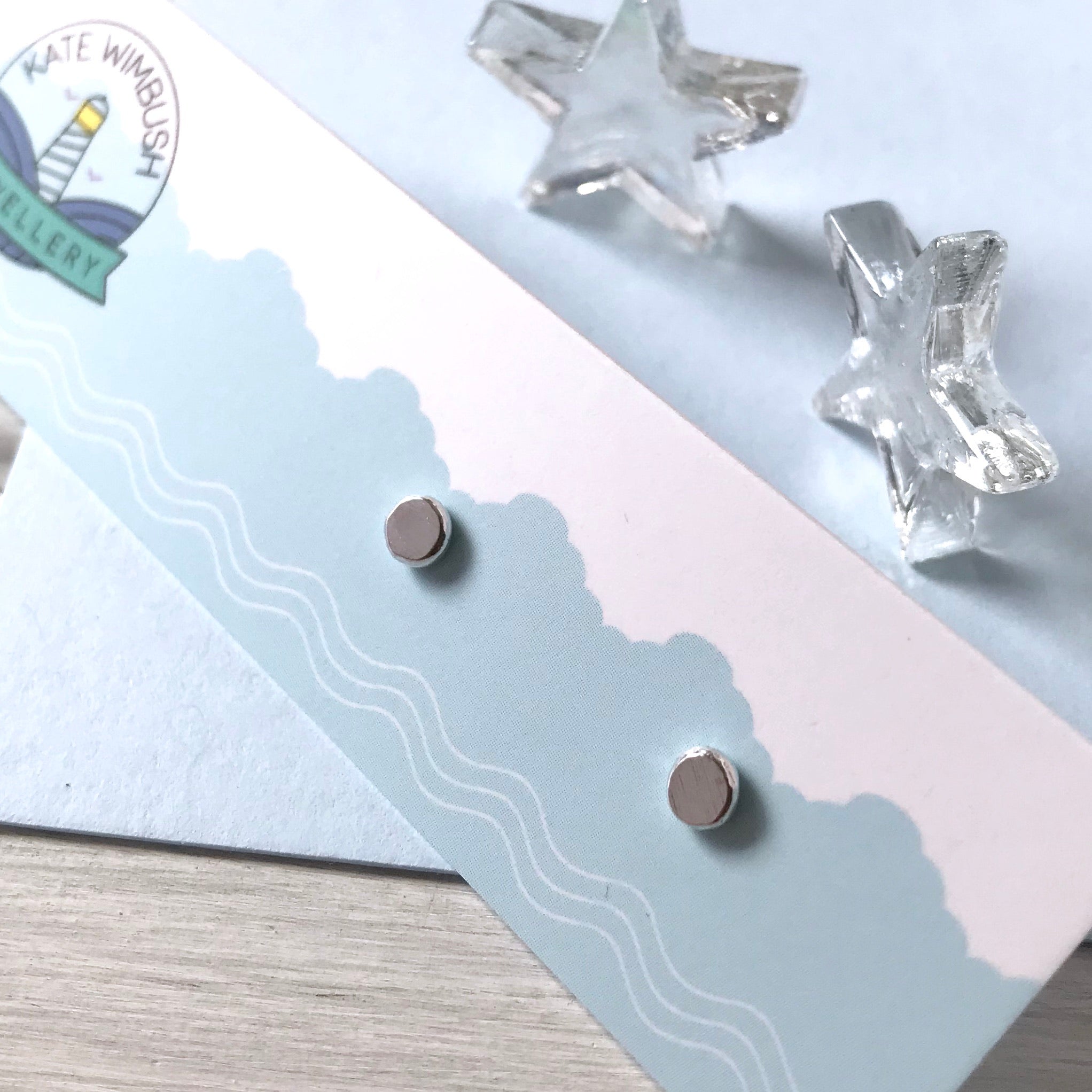Recycled silver circle stud earrings with butterfly backs on earring card by Kate Wimbush Jewellery