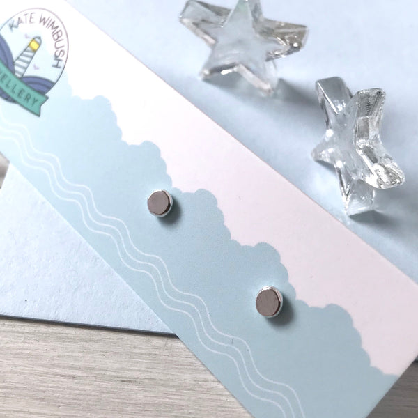 Recycled silver circle stud earrings with butterfly backs on earring card by Kate Wimbush Jewellery