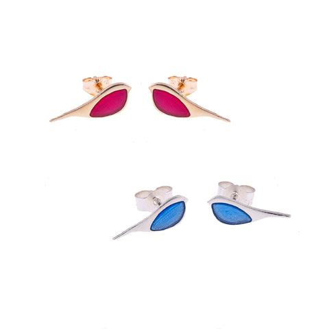 Silver and gold robin stud earrings on white background by Kate Wimbush Jewellery