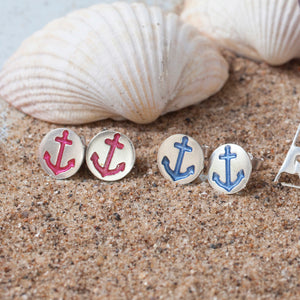 Round Silver Blue and Red Anchor Stud Earrings on Sand by Kate Wimbush Jewellery
