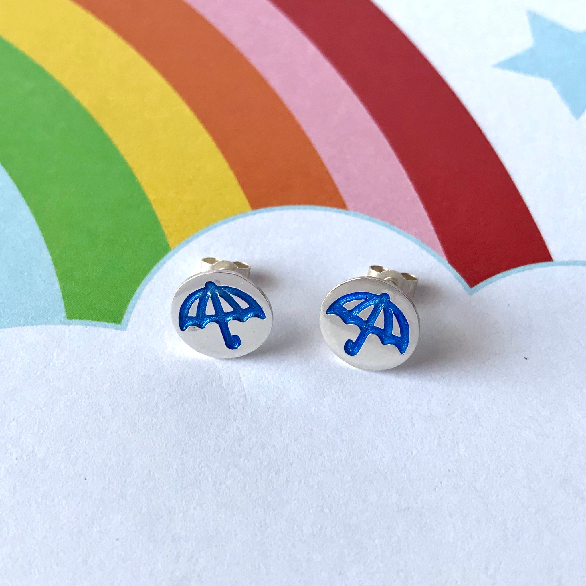 Round silver blue umbrella stud earrings with butterfly backs by Kate Wimbush Jewellery