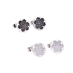 Round Silver Snowflake Stud Earrings on white background, by Kate Wimbush Jewellery