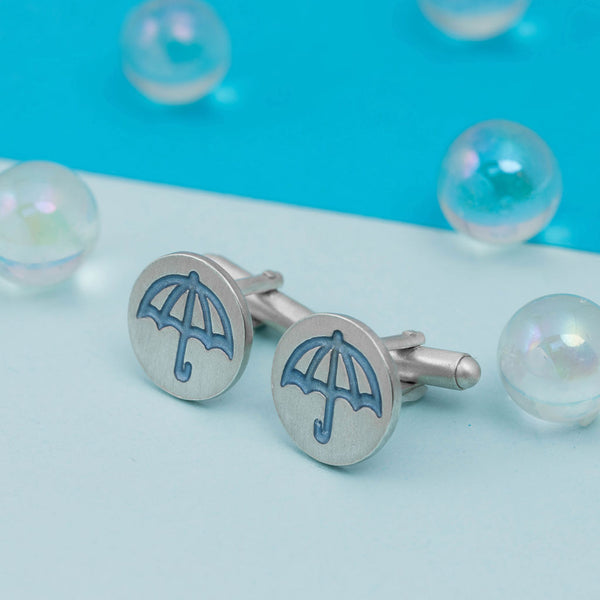 Round Silver Blue Umbrella Cufflinks Kate Wimbush Jewellery