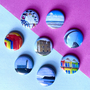 Scarborough Seaside North Yorkshire Button Badges, beach huts, lighthouse, castle, beach, kate wimbush jewellery