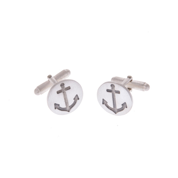 Round Silver Anchor t-bar cufflinks with oxidised detail on white background by Kate Wimbush Jewellery