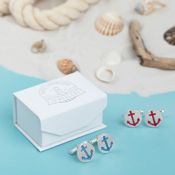 Silver red and Blue Anchor t-bar cufflinks in Kate Wimbush Jewellery branded box