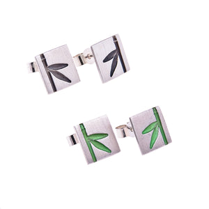 Brushed Silver bamboo studs with oxidised and green resin detail, Kate Wimbush Jewellery