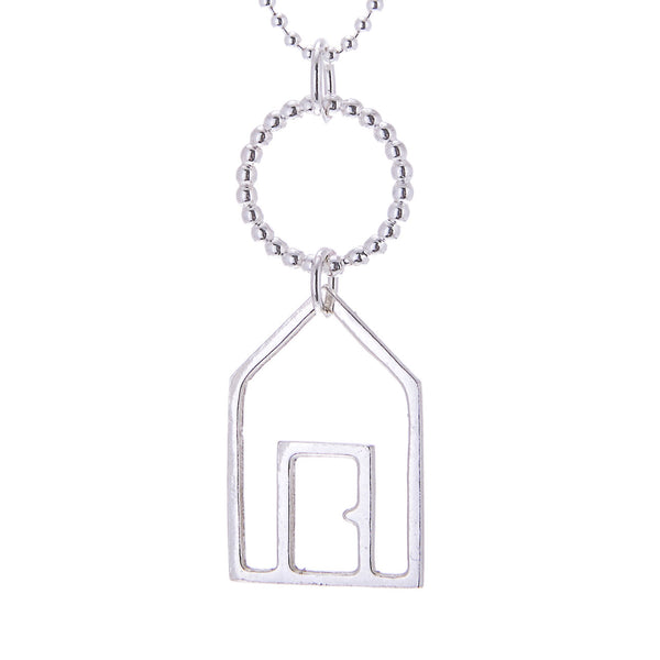 Silver Beach Hut Pendant on Silver Chain with white background, Kate Wimbush Jewellery