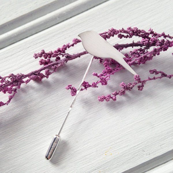Brushed silver bird stick pin, lapel pin, tie pin by Kate Wimbush Jewellery