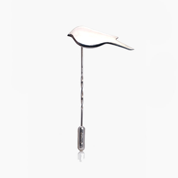 Silver Bird Long stick pin, lapel pin, tie pin on white background by Kate Wimbush Jewellery