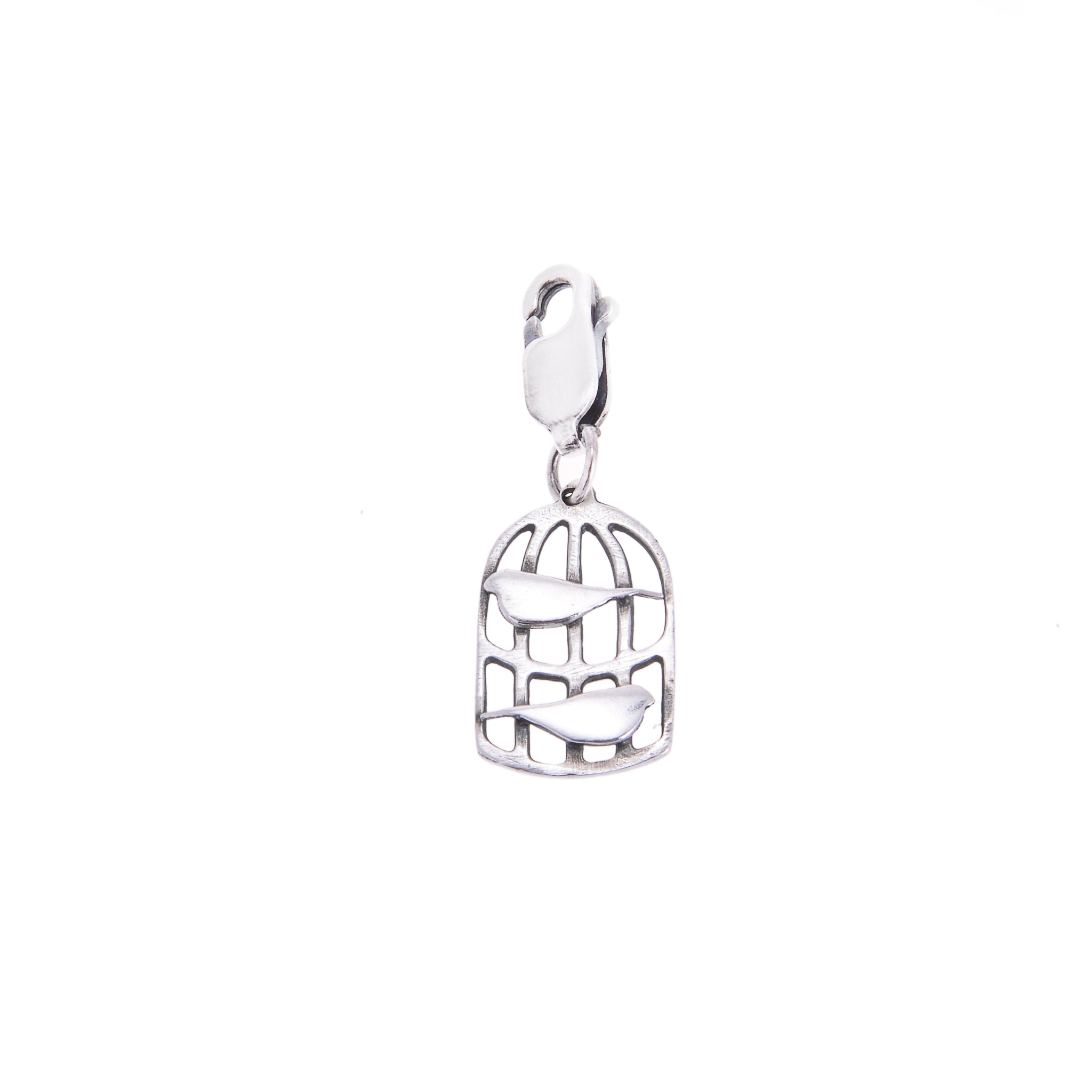 Small Silver birdcage charm with two silver birds and lobster clasp fitting, Kate Wimbush Jewellery