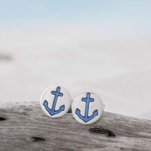 Rounds silver studs with blue resin anchors and butterfly backs, by Kate Wimbush Jewellery