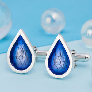 Silver stamped raindrop t-bar cufflinks with blue resin inlay, by Kate Wimbush Jewellery