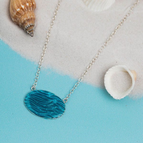 Silver Oval Sea Ripple Textured Necklace Blue Resin Kate Wimbush Jewellery