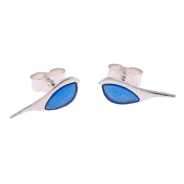 Silver bluebird stud earrings with blue resin belly, by Kate Wimbush Jewellery