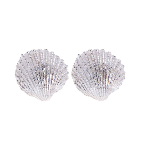 Silver cockle shell stud earrings cut out on white background, by Kate Wimbush Jewellery