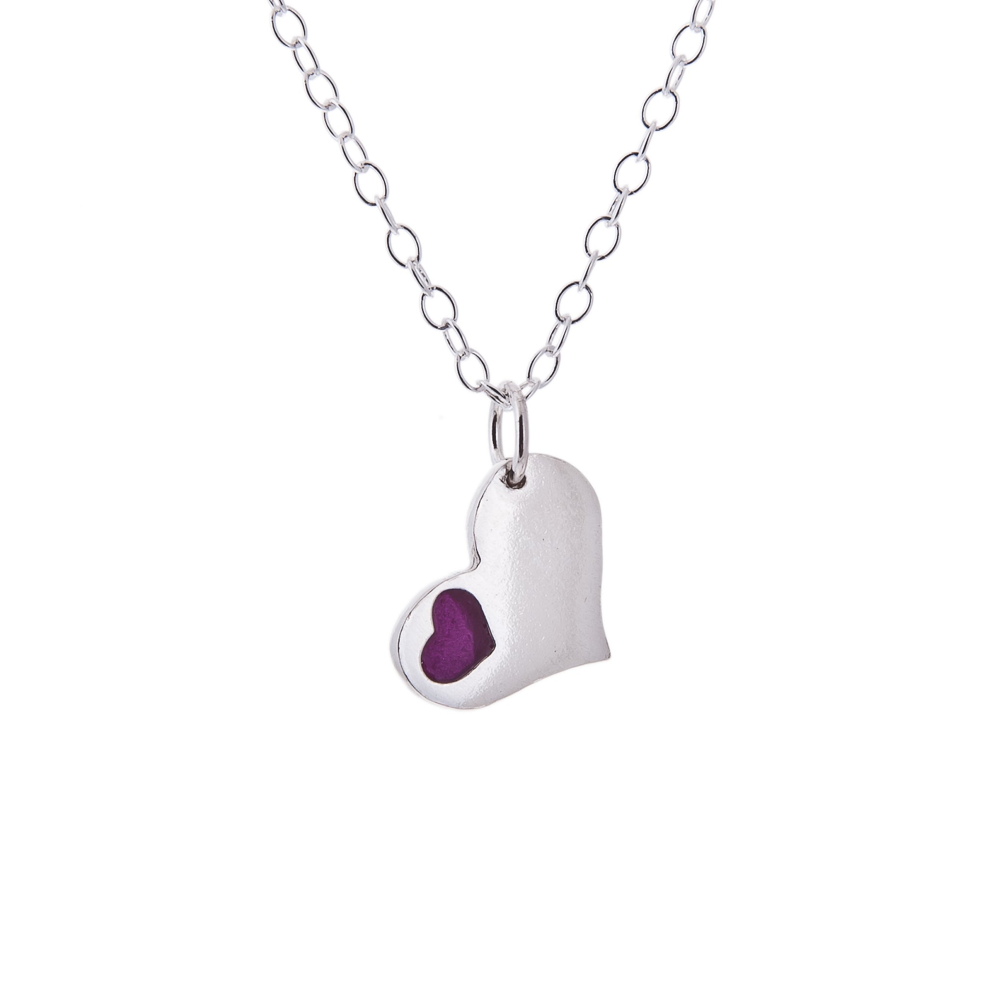 Silver Heart pendant with Small Pink Heart detail on white background, Kate Wimbush Jewellery