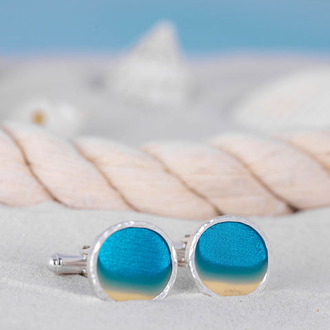 Oval Silver Landscape Lagoon Cufflinks with blue resin beach scene, beach wedding cufflinks, by Kate Wimbush Jewellery