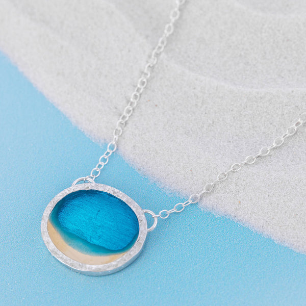 Silver Lagoon Seascape Blue Resin Beach Necklace with textured bezel by Kate Wimbush Jewellery