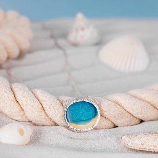 Silver Seascape Blue Resin Beach Necklace with textured bezel by Kate Wimbush Jewellery