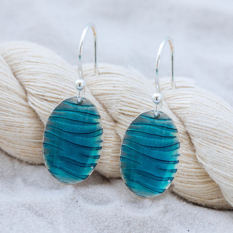 Silver Oval Blue Ripple Drop earrings with hook fitting by Kate Wimbush Jewellery