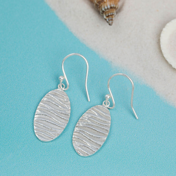 Oval Silver Sea Ripple Texture Drop Earrings hook fastening Kate Wimbush Jewellery