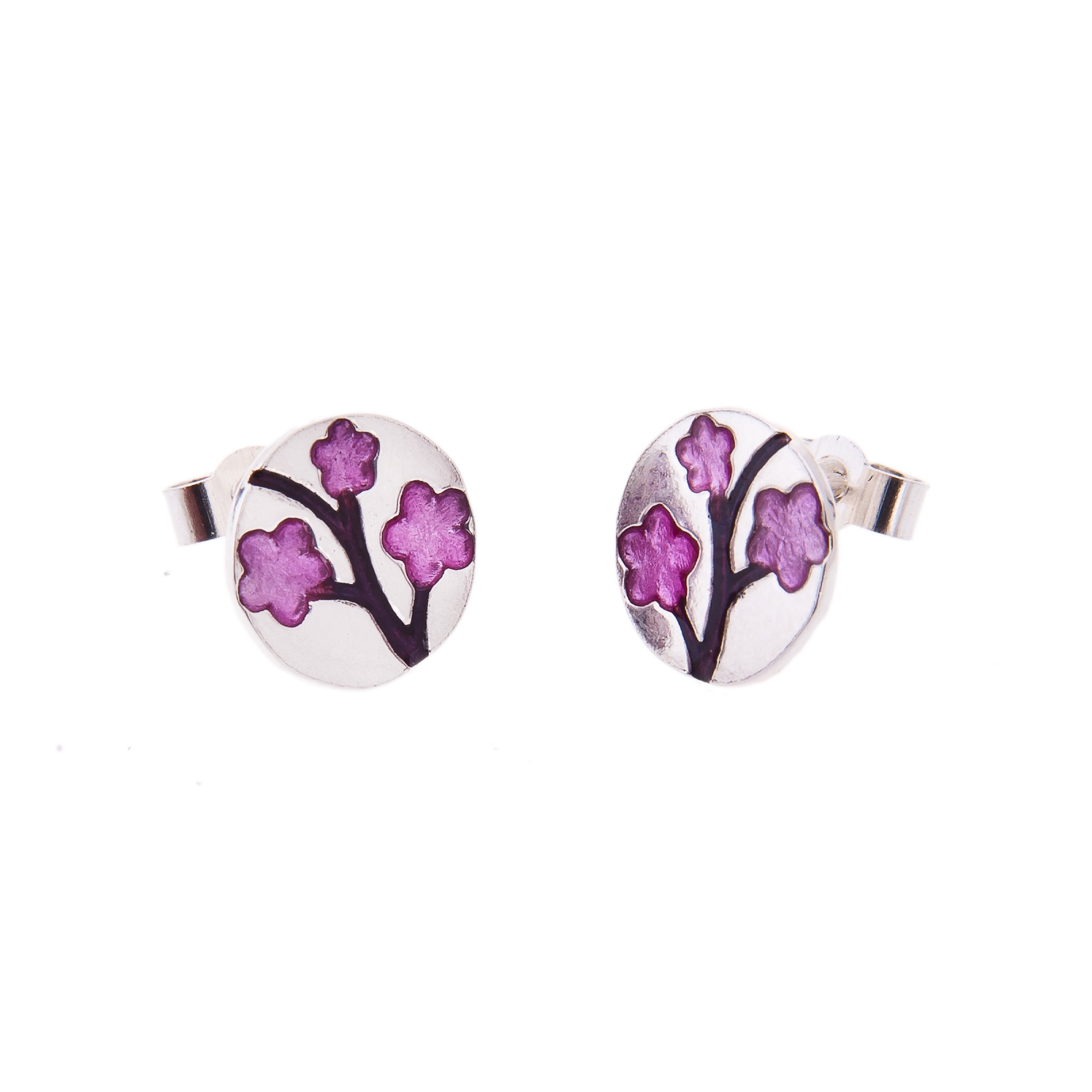 Round Silver stud earrings with cherry blossom detail and pink flowers, Kate Wimbush Jewellery