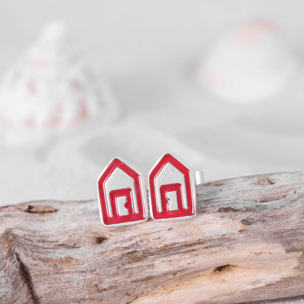 Silver Red Beach Hut Stud Earrings with butterfly backs, by Kate Wimbush jewellery