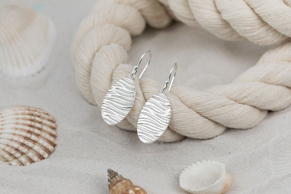 Silver Oval Drop earrings with ripple texture Kate Wimbush Jewellery