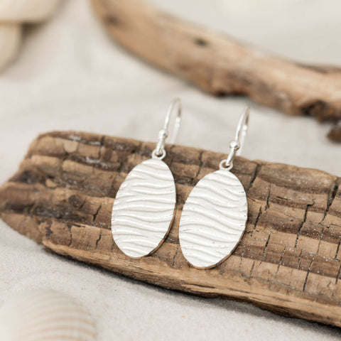 Oval Silver Ripple Texture Drop Earrings Hooks Kate Wimbush Jewellery