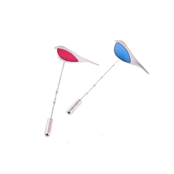 Silver Robin Stick Pin Brooch on white background by Kate Wimbush Jewellery