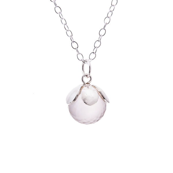 Silver and Faceted Rose Quartz Flower Pendant on white background, Kate Wimbush Jewellery