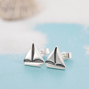 Silver Sail Boat stud earrings with oxidised detail and butterfly backs, by Kate Wimbush Jewellery