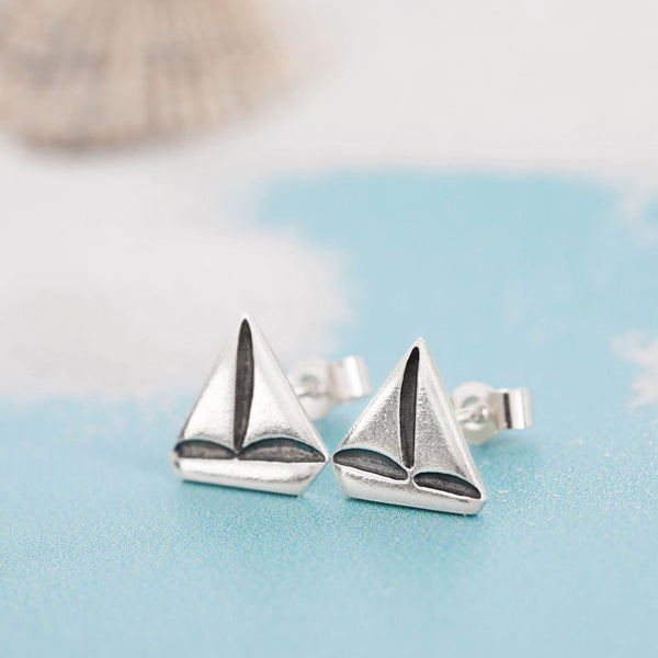 Silver Sail Boat stud earrings with oxidised detail and butterfly backs, by Kate Wimbush Jewellery