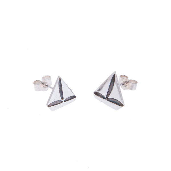 Silver Sail Boat Stud Earrings on white background, cut out, by Kate Wimbush Jewellery