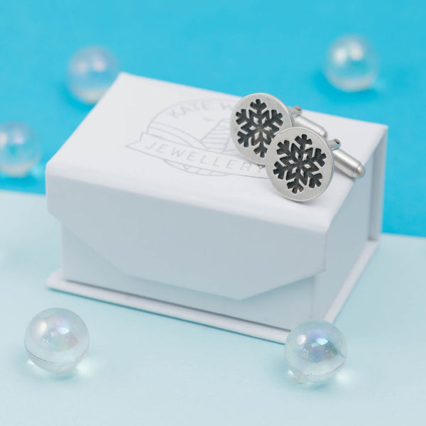 Silver Snowflake Cufflinks and branded Kate Wimbush Jewellery box gift for him