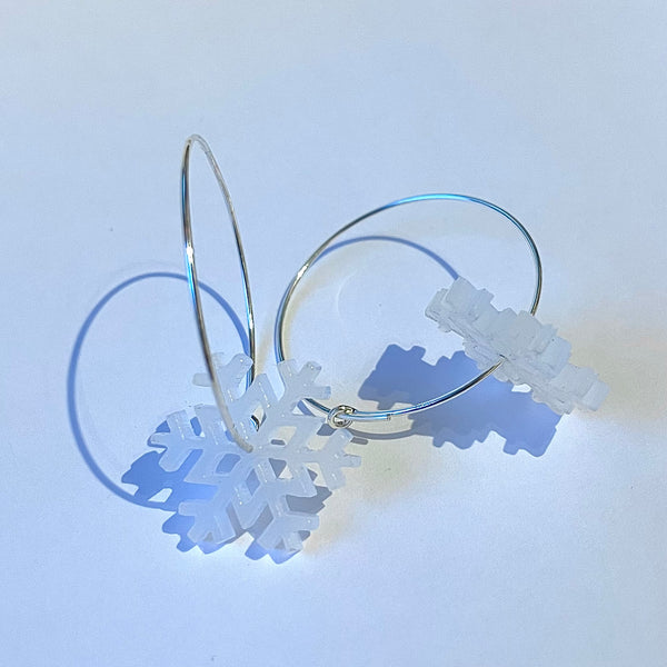Silver Hoops with frosted perspex snowflakes, stocking filler gift, by Kate Wimbush Jewellery