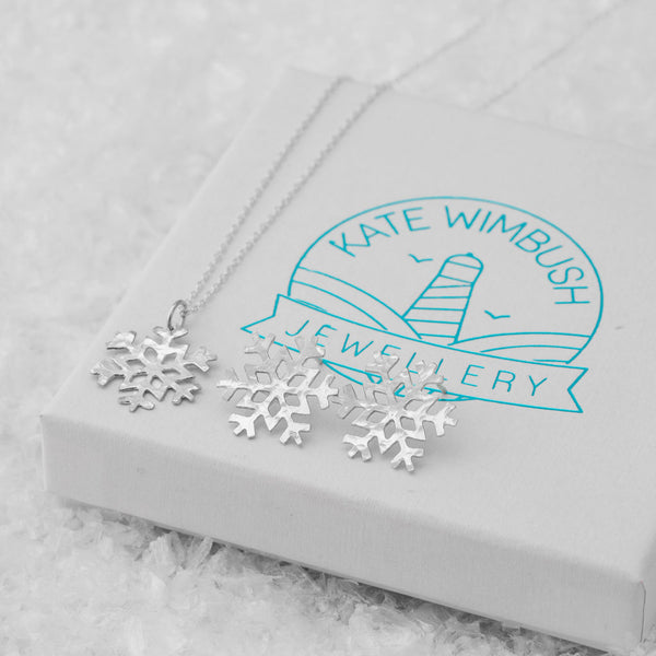 SilverSnowflake Stud Earrings and pendant Necklace by Kate Wimbush Jewellery on branded box