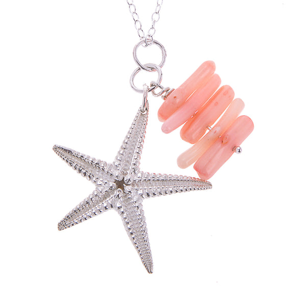 Silver starfish and pink coral charm pendant cut out, whit background, by Kate Wimbush Jewellery