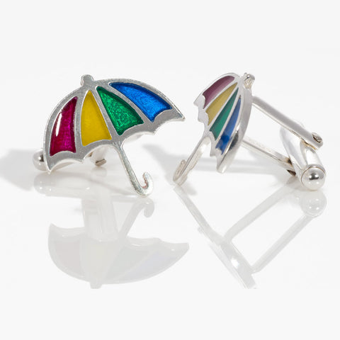 Silver Rainbow Umbrella t-bar cufflinks on white background by Kate Wimbush Jewellery