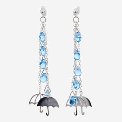 Long silver umbrella earrings with blue glass raindrop beads by Kate Wimbush Jewellery